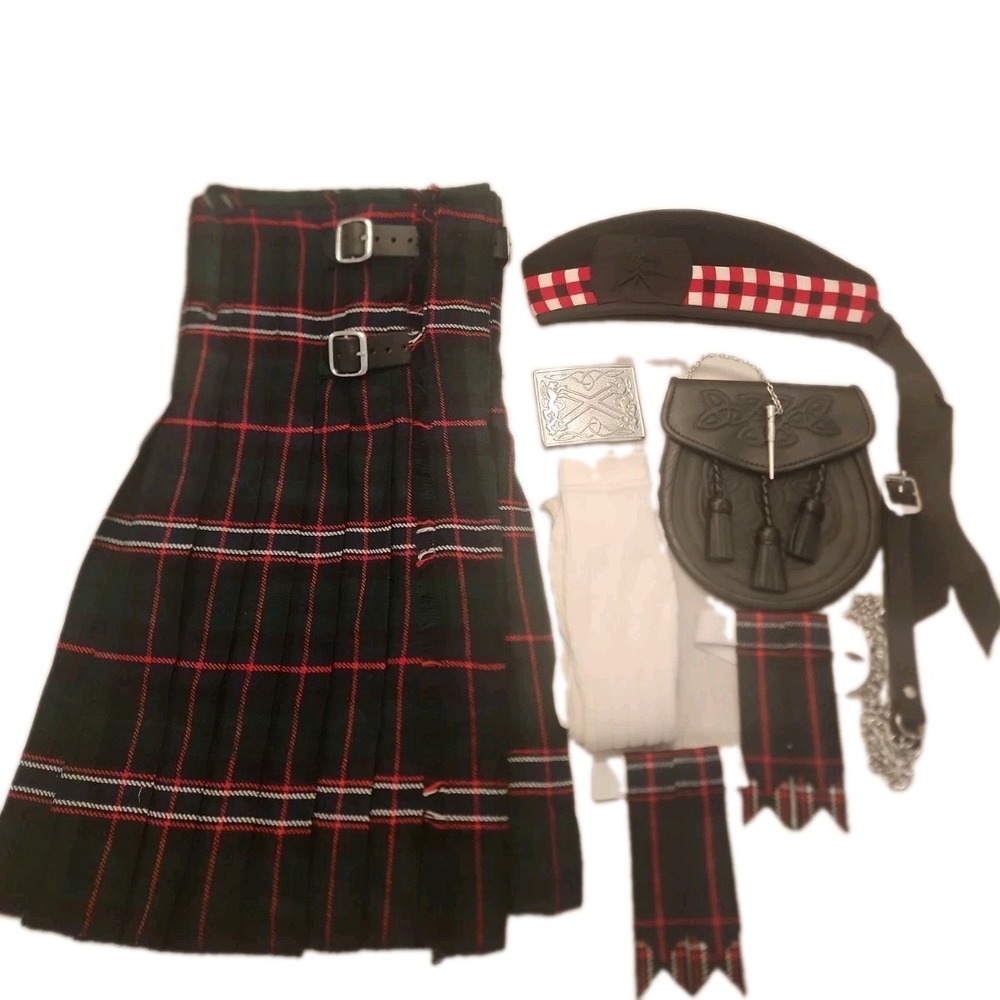 6 Piece Scottish National Tartan Piper Kilt Glengarry Hat Set Outfit Pkg Sz 45